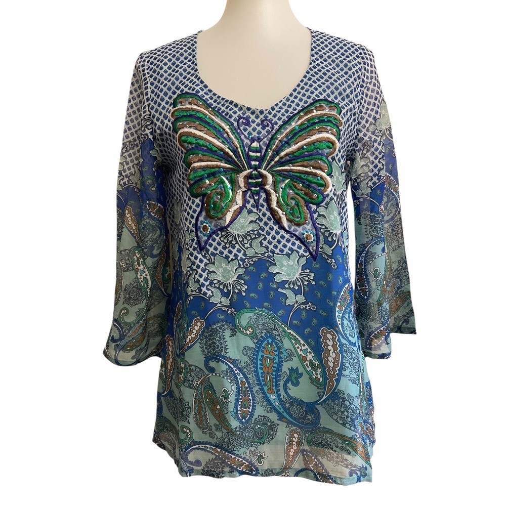 The Paragon Butterfly Paisley Tunic Top Size M Runs Small Blue Green Embroidered